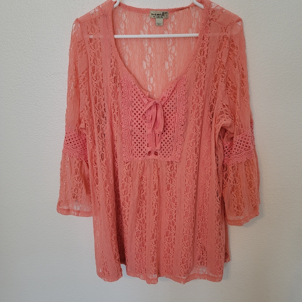 One World Coral Lace Boho Top Sz 2X